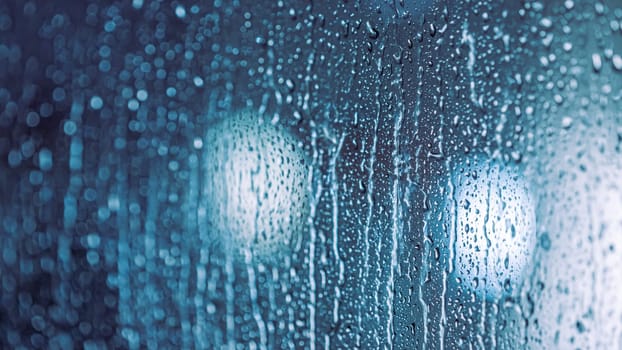 Close up of rain drops on the window in rainy night, cool lights