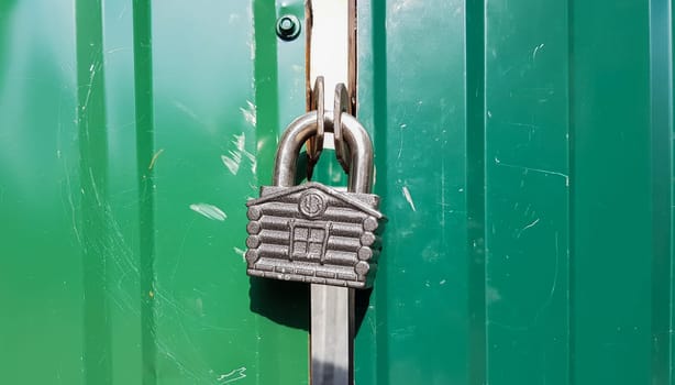 metal door with lock, texture and background. Background texture of an iron padlock on a rusty metal gate