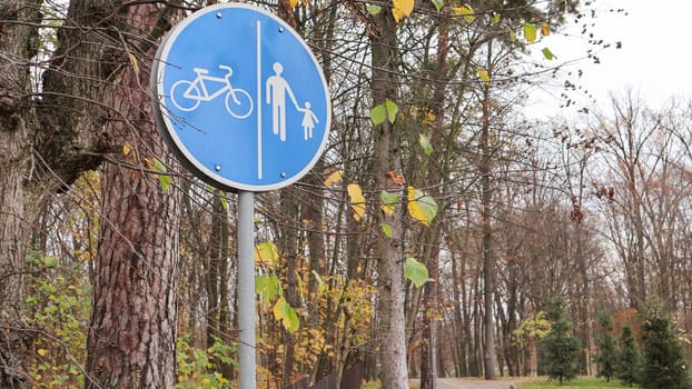 Pedestrian and bicycle road sign with white blue markings on a background of trees and blue sky in a park in autumn. Separate lanes for pedestrians and cyclists.