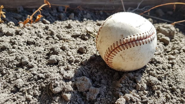 Closeup White leather textured baseball ball with red seams. Ball Outside Stadium Home Run Concept.