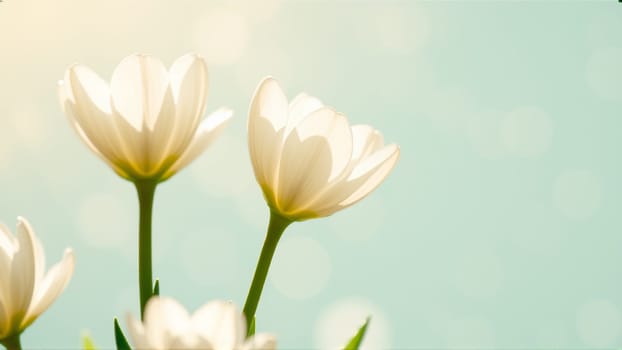 Delicate spring flowers in backlit sunlight, blurred background. High quality photo