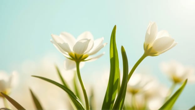 Delicate spring flowers in backlit sunlight, blurred background. High quality photo