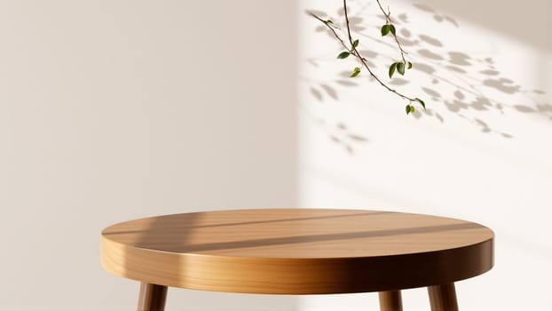 A simple wooden table with a round top filled with a coating that provides sunlight. The delicate shadows of leafy branches play on the textured cream wall in the background. High quality photo