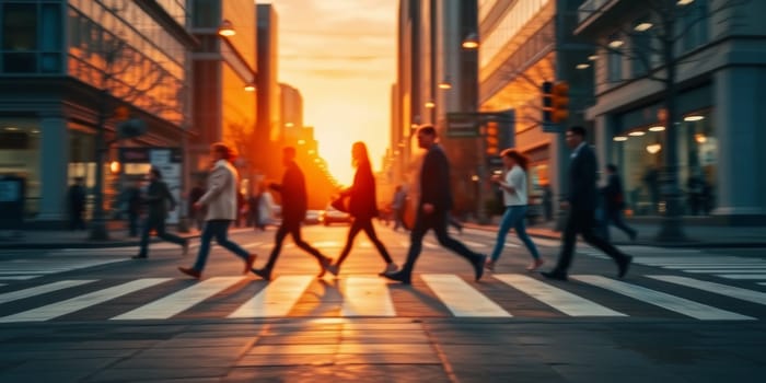 A lot of people walk along the pedestrian crossing during rush hour. High quality photo