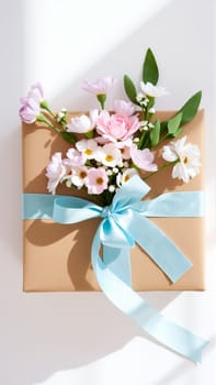 The gift comes in minimalist packaging, decorated with a neutral, calm blue ribbon and flowers symbolizing the arrival of spring. High quality photo
