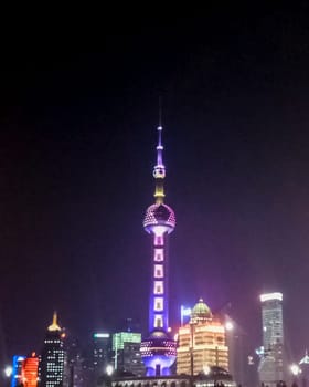 Shanghai Skyline at Night in China. Shanghai modern commercial office buildings. tourist attraction and urban image for background