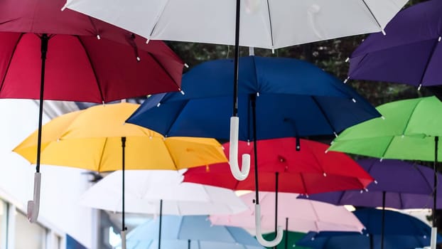 Street decorated with colored umbrellas. Lots of umbrellas coloring the sky in the city.