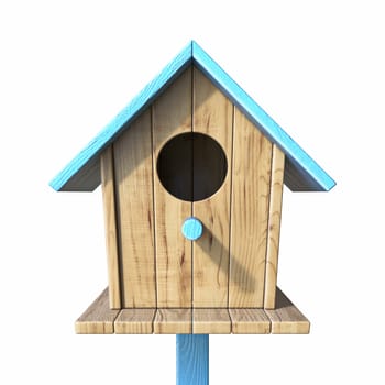 Birdhouse with blue roof Front view 3D render illustration isolated on white background