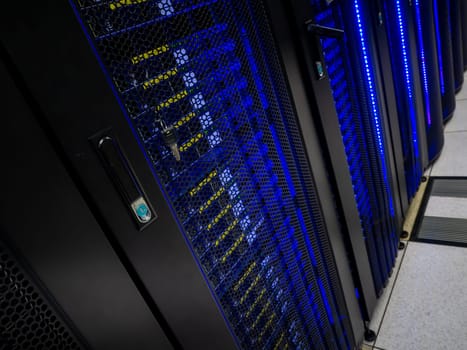 Server room data center. Backup, mining, hosting, mainframe, farm and computer rack with storage information