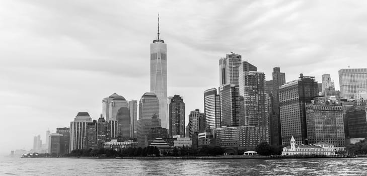 Panoramic view of Lower Manhattan, New York City, USA. Black and white.