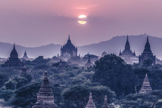 Temples of Bagan an ancient city located in the Mandalay Region of Burma, Myanmar, Asia. Night shot.