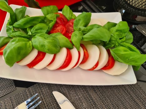 Mozzarella and tomato salad - caprese on the blue plate
