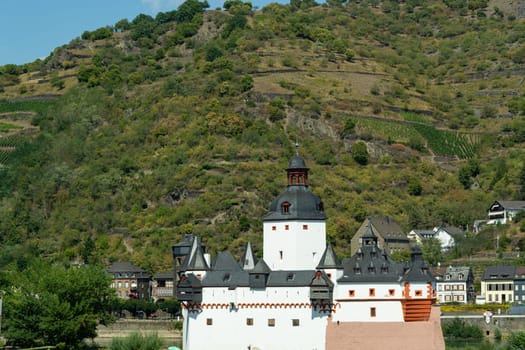 Pfalzgrafenstein Castle is a toll castle on the Falkenau island in the Rhine river near Kaub, Germany.