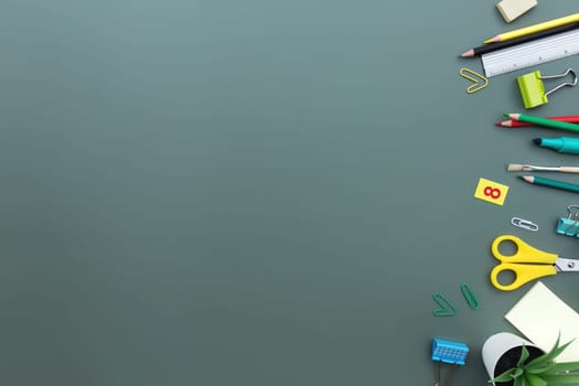 Back to school conceptual flat lay with different office supply objects on green background. Concept for primary and secondary school pupil. Scissors, pen, pencil, eraser, ruler, note, clip