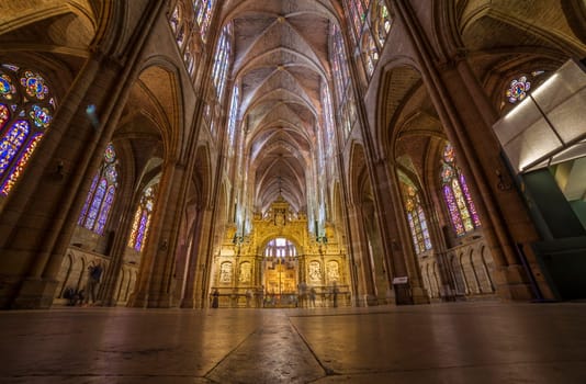 Leon, Spain - June 25th, 2019: Leon Cathedral main nave, also called The House of Light, Spain