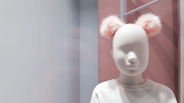Portrait of a white mannequin girl on a background of bright colorful warm pink shades. Little doll in a shop window. Boutique with a young mannequin. Department of children's clothing. Face close up.