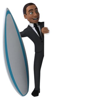 Fun 3D cartoon business man surfing