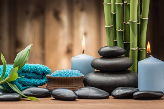 spa concept with zen basalt stones and salt