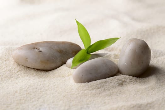 zen basalt stones and bamboo on the sand