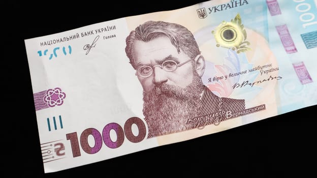 One paper note in 1000 hryvnias. Portrait of Vladimir Ivanovich Vernadsky for 1000 hryvnias on a Ukrainian banknote. Ukrainian money.