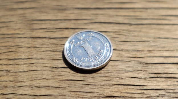 One new 2018 hryvnia coin on a wooden background. Ukrainian money.