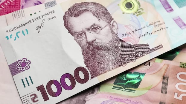 One paper bill of 1000 hryvnia. Portrait of Vladimir Ivanovich Vernadsky on the Ukrainian banknote. Ukrainian money. Money background.
