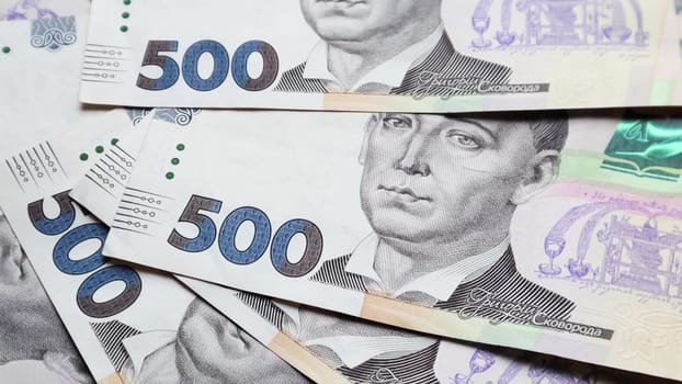 500 hryvnia bills. National currency of Ukraine. Cash paper money close up background