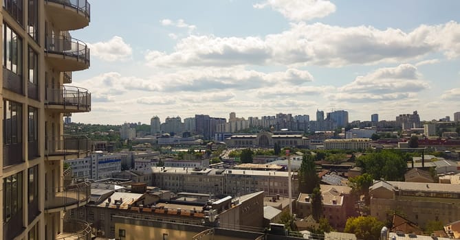 Aerial view of Kiev region with a modern city building mixed with historical, beautiful light at golden hour. City skyline of Kiev city from a bird's flight. Background image