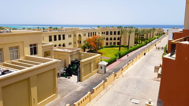 Sharm el Sheikh, Egypt - July 13, 2019: the city of Sharm el Sheikh. View from the balcony of the resort and the old town. Top view of the hotel and mountains