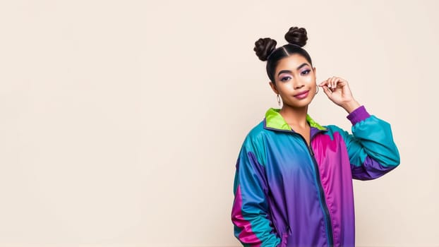 Young girl with bright face makeup on pink background. Girl dressed in a vintage sports windbreaker. High quality photo