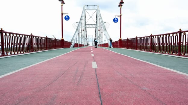 Park pedestrian bridge over the Dnieper River, which connects the central part of Kiev with the park area and the beaches of Trukhanovy Island. Without people