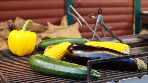 Grilling vegetables during an outdoor barbecue or on a picnic. Man preparing a vegetable barbecue, during summer time, direct sun light background. Summer feeling. Smoked vegan appetizer appetizer