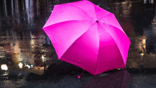 Pink canvas Umbrella after the rain. Pink umbrella on the wet abstract season weather.