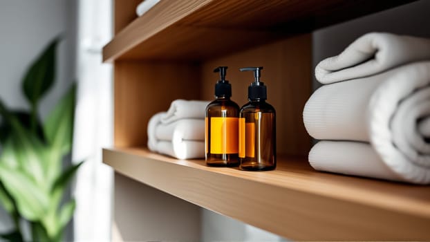 Spa treatment set, wooden shelf with neatly folded towels and dispensers for soap, cream, massage oil. High quality photo