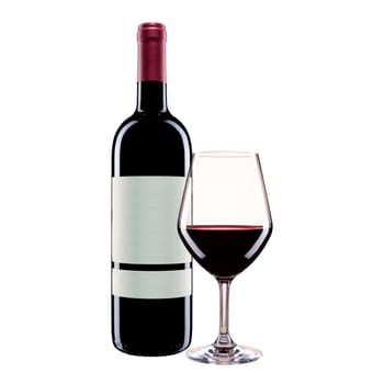 Close up of bottle and goblet of red wine isolated on white background. Food drinks.