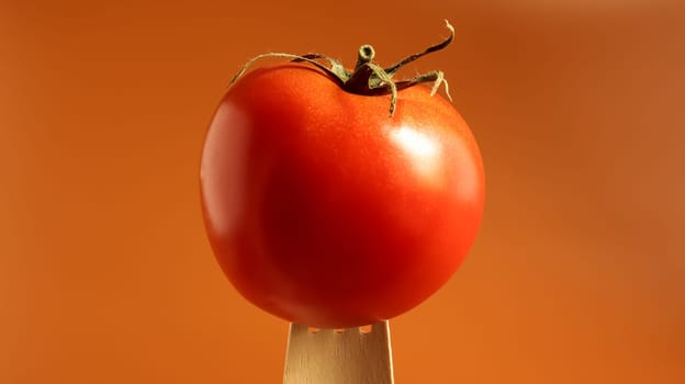 Single tasty red tomato on a wooden fork. For the idea of the issue of food is open space. Juicy multi-nested berry. An annual or perennial herb. Vegetable culture.