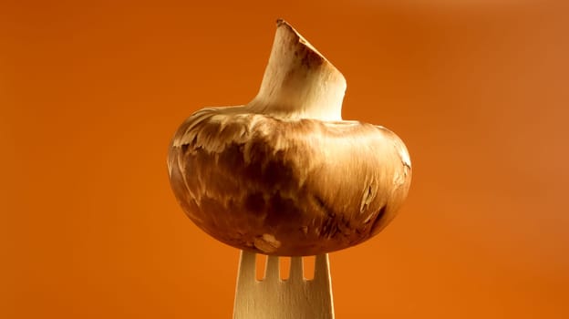 One mushroom on a wooden fork on a yellow background. Royal large double-leaf brown unpeeled champignon. A juicy mushroom that is stuck at the end of a fork