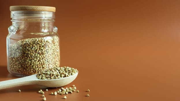 Green buckwheat sprouts in a glass jar with a wooden spoon. Raw vegan food concept. Organic food. The concept of diet, weight loss, healthy and proper nutrition. Copy space. Space for text