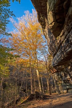 Fall Colors Peeking Out From A Dramatic Overhang on the Rim Rock National Recreational Trail in Illinois