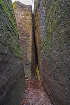 Narrow Trail Between the Rock Slabs in the Rim Rock National Recreation Trail in Illinois