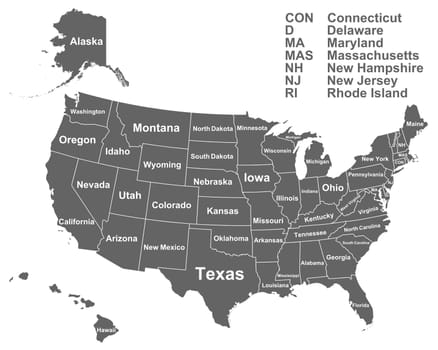 Landkarte der USA mit Namen der Bundesstaaten