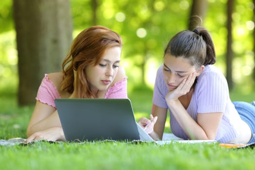 Two concentrated students e-learning with laptop and notes lying on the grass in a campus
