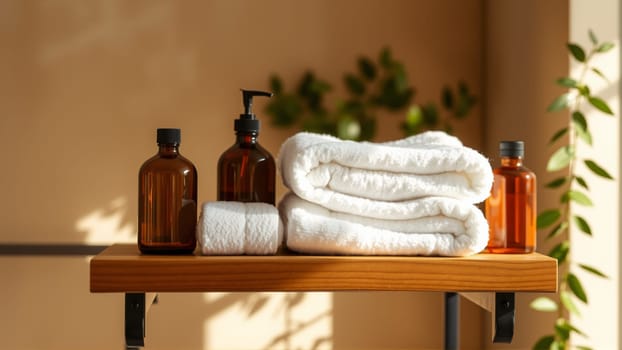 Spa treatment set, wooden shelf with neatly folded towels and dispensers for soap, cream, massage oil. High quality photo