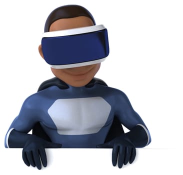 Fun 3D Illustration of a superhero with a VR Helmet