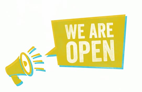 Stamp with a megaphone and a speech bubble - We are open
