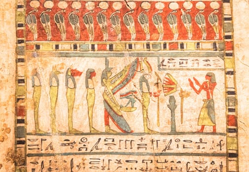 TURIN, ITALY - CIRCA MAY 2021: Egyptian archaeology. Ancient hieroglyphyc,  ca. 580 BC, with Isis and the four sons of Horus