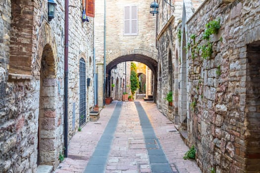 Assisi village in Umbria region, Italy. The town is famous for the most important Italian St. Francis Basilica (Basilica di San Francesco)