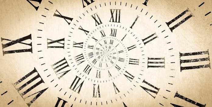 Droste effect background with infinite clock spiral. Abstract design for concepts related to time and deadline.