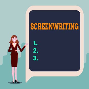 Text caption presenting Screenwriting, Business idea the art and craft of writing scripts for media communication Displaying Important Informations, Presentation Of New Ideas
