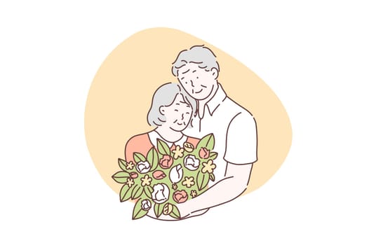 Love, friendship, together, Valentines day concept. Couple adorable aged man and woman meet. Elderly people, pensioners celebrate anniversary holiday. Vector flat design.
